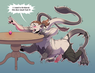 bottomwear brown_hair claws clothing d20 dialogue dice erection genitals growth hair limb_growth male open_mouth pants penis shirt simple_background solo species_transformation tail text topwear torn_clothing transformation nolhyaa dungeons_and_dragons hasbro wizards_of_the_coast displacer_beast human mammal 2025 digital_media_(artwork) english_text hi_res