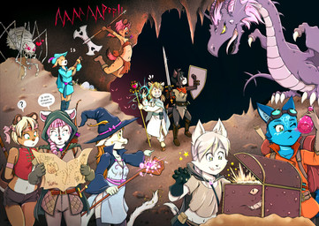 2_horns accessory anthro armor axe back_wings backpack bandeau biped boots bottomwear bow_(weapon) breasts cave claws clothed clothing coin crop_top dialogue female feral feralized footwear furgonomic_headwear furgonomics gloves gold_(metal) gold_coin grin group handwear hat headband headgear headwear heart_symbol holding_axe holding_lute holding_melee_weapon holding_musical_instrument holding_object holding_shield holding_staff holding_sword holding_weapon hood hooves horn jumping licking licking_lips loincloth looking_at_another looking_at_object lute magic magic_user melee_weapon membrane_(anatomy) membranous_wings midriff musical_instrument musical_note musical_symbol navel open_mouth playing_music plucked_string_instrument potion potion_bottle quadruped question_mark quiver_(object) ranged_weapon scared screaming shield shirt shoes small_breasts smile speech_bubble staff starry_eyes string_instrument sword symbol text tongue tongue_out topwear unguligrade weapon wings witch_hat young young_anthro young_female risingdragon mythology aisha_dubois ceres_(tsunderepanda) charlotte_rozenburg_(risingdragon) estrid etis icicle_(floofy) nina_(dirtypawz) terri_(dilbertdog) arachnid arthropod bovid bovine cattle deer dragon hyena mammal mephitid mimic mimic_chest mustelid mythological_creature mythological_scalie otter scalie skunk spider english_text hi_res