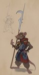 anthro armor bottomless clothed clothing fur glaive grey_body grey_fur male melee_weapon polearm solo tail weapon sneakygnida mammal murid murine rat rodent absurd_res hi_res