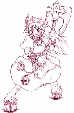 axe blush bone clothed clothing cloven_hooves collar dress female hair holding_object holding_weapon hooves horn long_hair melee_weapon simple_background skull solo standing weapon white_background unknown_artist animal_humanoid demon humanoid monochrome