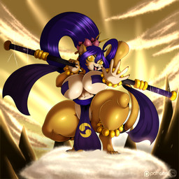 5_fingers anthro big_breasts bottomwear breasts clothing crouching ear_piercing female fingers hair holding_object huge_breasts loincloth looking_at_viewer nipple_tape open_mouth pasties piercing solo tape thick_thighs conditional_dnp suirano dianmu_(suirano) haplorhine mammal monkey primate 1:1 2023 digital_media_(artwork) hi_res