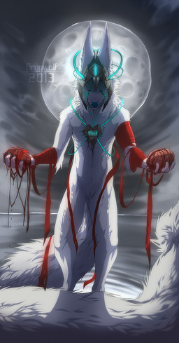 anthro blood bodily_fluids brain fur heart_symbol male moon night organs outside solo standing white_body white_fur grypwolf canid canine mammal 2013 digital_drawing_(artwork) digital_media_(artwork) hi_res