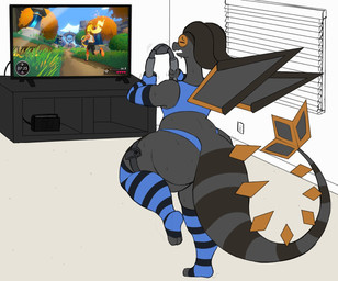 alternate_color ambiguous_gender anthro anthrofied arm_warmers armwear big_butt bodily_fluids butt clothed clothing crop_top electronics exercise eyes_closed footwear grey_body holding_object inside knee_highs knee_socks legwear membrane_(anatomy) membranous_wings on_one_leg open_mouth pattern_clothing pokemorph shirt slightly_chubby socks solo standing striped_clothing stripes sweat tail television thick_tail tired topwear wings digitalpelican mythology nintendo pokemon ring_fit_adventure fan_character dragon flygon generation_3_pokemon mythological_creature mythological_scalie pokemon_(species) scalie 2020 hi_res