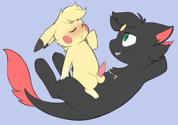 alternate_color balls biped bipedal_feral black_body black_fur blep blush cheek_spots cheek_tuft circle_eyebrows duo eyebrows eyes_closed facial_tuft feral forehead_gem fur fur_tuft gem genitals green_eyes hands_behind_head head_tuft interspecies levitating looking_at_another looking_at_partner male male/male multicolored_body multicolored_fur neck_tuft penis pink_penis pivoted_ears red_body red_fur side_view sitting sitting_on_another tail tail_tuft tapering_penis tongue tongue_out tuft two_tone_body two_tone_fur yellow_body yellow_fur porldraws nintendo pokemon generation_1_pokemon legendary_pokemon mew_(pokemon) pikachu pokemon_(species) 2026 absurd_res digital_drawing_(artwork) digital_media_(artwork) hi_res