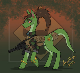 abstract_background accessory armband armor bag body_armor brown_hair camo camo_clothing camo_print clothing ear_piercing ear_ring eyebrows female feral furgonomics gun hair jacket jewelry logo looking_at_viewer machine_gun pattern_clothing piercing ponytail ranged_weapon ring_piercing solo standing tail tail_accessory tail_bag tapering_tail thick_eyebrows topwear weapon yellow_eyes aragog_orc hasbro my_little_pony project_silverfish equid equine horse hybrid inheritor lizard mammal pony reptile scalie 2025 hi_res signature