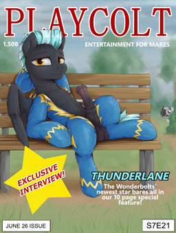 animal_genitalia animal_penis balls black_body clothed clothing duo equine_genitalia equine_penis erection feral genitals grey_body looking_at_viewer male penis pupils quadruped sitting smile tail text wings dosh friendship_is_magic hasbro my_little_pony mythology rumble_(mlp) thunderlane_(mlp) equid equine mammal mythological_creature mythological_equine pegasus absurd_res cover english_text hi_res magazine_cover brother_(lore) brothers_(lore) sibling_(lore)