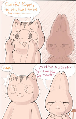 anthro biped clothed clothing dialogue duo eyebrows eyes_closed fingers fur male nude_anthro nude_male open_mouth simple_background simple_eyes smile text tongue sushiamazing domestic_cat felid feline felis lagomorph leporid mammal rabbit comic english_text