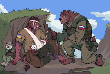 anthro armor bandage bandaged_arm bandaged_head barefoot bodily_fluids body_armor brown_body brown_fur brown_skin camo cliff clothing cloven_hooves crying feet flask fur furry_tail group hooves hopeful insane_eyes kneeling larger_male male muscular muscular_anthro muscular_male offering_flask offering_help outside pink_body pink_skin politics prisoner_of_war propaganda propaganda_poster reclining road russian russian_federation russian_flag shirt short_tail size_difference smaller_male t-shirt tail tears text three-quarter_view tied_mouth topwear trio tusks ukraine ukrainian ukrainian_flag ukrainian_insurgent_army ukrainian_insurgent_army_flag underbite unsigned wounded gala_bobs russo-ukrainian_war misha_(gala_bobs) ukrainian_insurgent_army_pig_(gala_bobs) ukrainian_wild_boar_(gala_bobs) bear domestic_pig mammal suid suine sus_(pig) 2023 digital_media_(artwork) hi_res paint_tool_sai_(artwork) russian_description translated_description