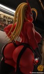 3d_(artwork) absurd_res anthro areola biped blaziken blonde_hair breasts butt clothed clothing digital_media_(artwork) eyelashes female generation_3_pokemon hair hi_res legwear looking_at_viewer looking_back nintendo nipples pokemon pokemon_(species) pupils red_body sfrogue thick_thighs thigh_highs topless