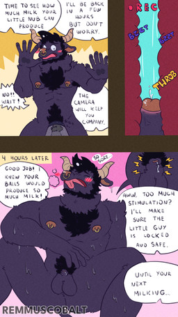 anthro armpit_hair balls barazoku belly_hair bodily_fluids body_hair cum dialogue duo embarrassed exposed foreskin genital_fluids genitals horn humiliation machine male male/male milking_machine muscular pecs penile penis penis_milking piercing pubes questionable_consent small_penis solo remmus_cobalt bovid bovine cattle mammal 4k 9:16 absurd_res comic hi_res