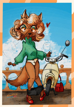 anthro blonde_hair bottomwear bottomwear_down clothing cloud eyewear female footwear fur glasses hair high_heels leg_markings makeup markings motor_scooter orange_body orange_fur panties panties_bulge panty_shot pose purse round_glasses scooter shoes skirt_down socks_(marking) solo sweater topwear underwear whiskers yellow_clothing yellow_panties yellow_underwear chuchito72 canid canine canis domestic_dog mammal absurd_res hi_res trans_(lore) trans_woman_(lore)