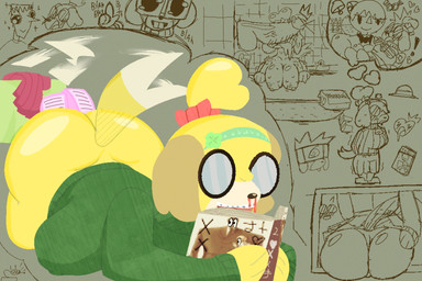 anthro blood blush bodily_fluids bottomless bottomwear breasts butt butt_focus clothed clothing dildo eyewear female footwear fujoshi fur glasses hair male nipples nosebleed nude reading sex_toy shoes skirt slippers text yellow_body yellow_fur lefemdoc animal_crossing nintendo isabelle_(animal_crossing) villager_(animal_crossing) canid canine canis domestic_dog human mammal shih_tzu toy_dog 3:2 absurd_res hi_res