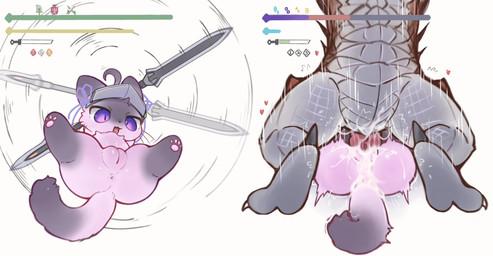 anthro anthro_on_feral anthro_penetrated anus bestiality bodily_fluids claws cum cum_inside duo ejaculation female feral feral_penetrating feral_penetrating_anthro from_front_position gameplay_mechanics genital_fluids genitals grey_paws gui health_bar heart_symbol hud insect_glaive male male/female mating_press melee_weapon open_mouth overweight pawpads paws penetration penis pink_body pink_pawpads purple_eyes scales sex simple_background size_difference sword vulva weapon white_background white_claws re5yls capcom instant_loss_2koma monster_hunter domestic_cat felid feline felis felyne lynian mammal palico scalie viper_tobi-kadachi 2025 colored digital_drawing_(artwork) digital_media_(artwork) hi_res