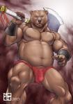 abs abstract_background angry anthro asian_clothing axe biceps big_muscles big_weapon biped black_nose blue_eyes brown_body brown_fur brown_nipples bulge claws clothed clothing east_asian_clothing fantasy_weapon front_view frown fundoshi fur grey_eyes japanese_clothing looking_at_viewer looking_down low-angle_view male melee_weapon musclegut muscular muscular_anthro muscular_male navel nipples partially_clothed pecs quads simple_background slightly_chubby solo standing topless triceps underwear weapon wristband bomb_(artist) bear mammal 2013 absurd_res hi_res