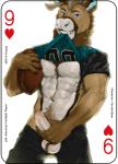 2018 abs american_football anthro antlers ball ball_tuft balls card card_template clothed clothing copyright_symbol deer digital_media_(artwork) english_text erection fonyaa foreskin fur genitals gridiron_ball hearts_(suit) holding_object horn humanoid_genitalia humanoid_penis looking_at_viewer male mammal muscular muscular_anthro muscular_male new_world_deer nine_of_hearts pecs penis playing_card playing_card_template reindeer shirt simple_background smile solo sport standing symbol teeth text topwear toru_(torucaribou) tuft white_balls