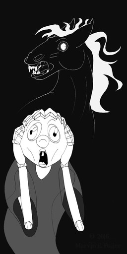 ambiguous_gender black_background dream duo fangs glowing glowing_eyes nightmare open_mouth puppet simple_background teeth toy cybercorn_entropic the_scream mare_crisium animate_inanimate equid equine horse mammal 1:2 inspired_by_formal_art monochrome