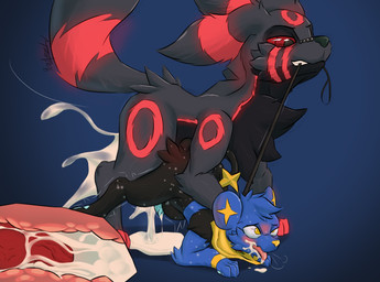 abdominal_bulge anal anal_penetration animal_genitalia ass_up black_body black_fur blue_body blue_fur blush bodily_fluids cross-eyed cum cum_from_ass cum_in_ass cum_in_mouth cum_inside cum_on_tongue dominant_pokemon duo erection excessive_cum excessive_genital_fluids fellatio feral feral_on_feral feral_penetrated feral_penetrating feral_penetrating_feral from_behind_position fur genital_fluids genitals glowing glowing_eyes glowing_genitalia glowing_penis hair internal knot knotting larger_male leash leash_in_mouth leash_pull male male/male male_penetrated male_penetrating male_penetrating_male nude object_in_mouth open_mouth oral penetration penile penile_penetration penis quadruped red_eyes sex shaking simple_background size_difference smaller_male smaller_penetrated smile tongue tongue_out trembling yellow_eyes yellow_nose redeye nintendo pokemon red_(redeye) star_the_shinx canid canine eeveelution felid generation_2_pokemon generation_4_pokemon mammal pokemon_(species) shinx umbreon digital_media_(artwork) hi_res
