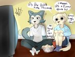 anthro bottomwear clothed clothing duo food footwear fully_clothed fur grey_body grey_fur legwear pants popcorn question_mark shirt sitting socks t-shirt tail tail_motion tailwag tan_body tan_fur text thought_bubble topwear watching_television psibunny beastars jack_(beastars) legoshi_(beastars) bird_dog canid canine canis domestic_dog hunting_dog labrador mammal retriever wolf 2020 4:3 comic english_text hi_res