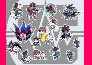 anthro belt black_body black_claws black_sclera brown_hair cape chibi claws clothing duo glowing glowing_eyes hair horn kerchief male white_body seiryueto bandai_namco digimon digimon_ghost_game hiro_amanokawa digimon_(species) gammamon gulusgammamon human mammal hi_res multiple_images