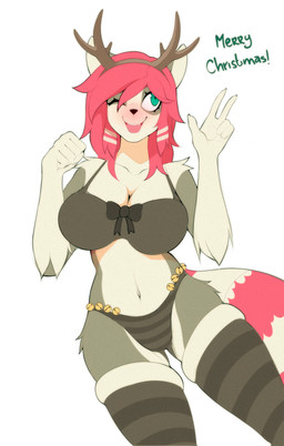 anthro antler_headband arm_tuft bell big_breasts blush bottomwear bow_tie bra breasts cleavage clothed clothing elbow_tuft female footwear fur gesture green_eyes grey_body grey_fur grin hair hand_gesture holidays leg_tuft legwear navel one_eye_closed open_mouth panties pattern_bottomwear pattern_clothing pattern_legwear pattern_panties pattern_underwear red_hair shoulder_tuft simple_background smile socks solo striped_bottomwear striped_clothing striped_legwear striped_panties striped_underwear stripes tail teeth text thigh_highs thigh_socks thigh_tuft tongue topwear tuft underwear v_sign white_body white_fur marblesoda christmas rikki canid canine canis mammal wolf 2023 absurd_res english_text hi_res