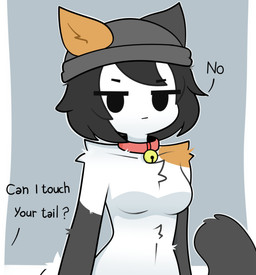annoyed anthro bell bell_collar black_hair breasts collar dialogue featureless_breasts female fur hair multicolored_body multicolored_fur navel red_collar requesting solo tail text tuft sadbox10 domestic_cat felid feline felis mammal absurd_res english_text hi_res