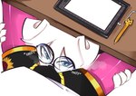 anthro biped boxers_(clothing) bulge bulge_sniffing clothing drawing_tablet duo eyewear fur glasses looking_at_viewer male male/male pink_body pink_fur sniffing underwear wearing_glasses white_body white_fur ai_jin kunfen jin_white_dog canid canine canis domestic_dog mammal wolf hi_res