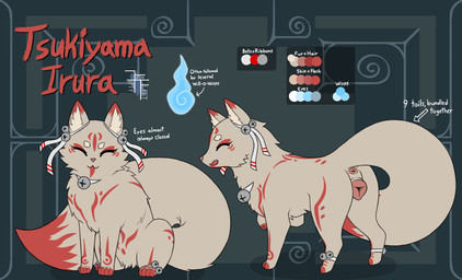 animal_genitalia animal_vulva anus canine_genitalia canine_vulva digitigrade eyes_closed female feral fur genitals happy inner_ear_fluff markings quadruped red_markings smile solo text tuft white_body white_fur fiftyfifthfleet asian_mythology east_asian_mythology japanese_mythology mythology tsukiyama_irura canid canine fox mammal 2022 absurd_res hi_res model_sheet