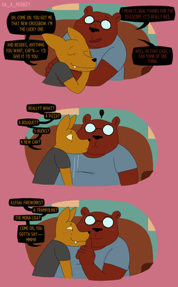anthro blush clothing cuddling dialogue duo ears_up eyewear fangs finger_to_mouth flirting furniture glasses male male/male overweight overweight_male shirt sofa t-shirt teeth text topwear ha_a_monkey night_in_the_woods angus_delaney gregg_lee bear canid canine fox mammal absurd_res comic english_text hi_res