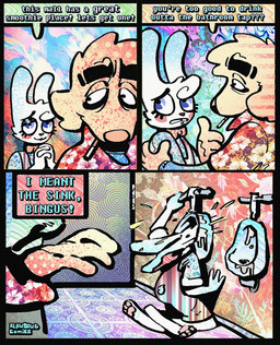 3_panel_comic aloha_shirt bow_tie cheek_spots cheek_tuft cigarette cigarette_in_mouth clothing dialogue drinking_from_urinal ears_back facial_tuft floppy_ears fur half-closed_eyes humor kneeling narrowed_eyes object_in_mouth overalls pattern_clothing pattern_shirt pattern_topwear pawpads paws pink_pawpads pivoted_ears shirt smoking_tobacco speech_bubble teeth text tooth_gap topwear tuft urinal white_body white_fur yellow_body yellow_fur rawdawgcomics bingus_(rawdawgcomics) stahli_(rawdawgcomics) bird_dog canid canine canis domestic_dog golden_retriever hunting_dog lagomorph leporid mammal rabbit retriever comic english_text hi_res