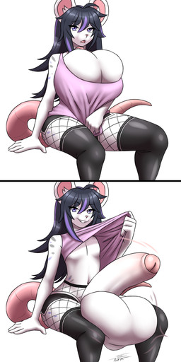 anthro balls balls_as_fake_breasts big_balls big_penis bottomwear clothed clothing clothing_lift fake_breasts femboy fishnet_clothing genitals hotpants huge_balls huge_penis male penis shirt shirt_lift shorts solo tank_top topwear two_panel_image furball mammal mouse murid murine rodent 1:2 2025 comic hi_res meme