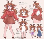 4_fingers absurd_res accessory anthro antlers barbie_doll_anatomy blouse bottomwear bow_ribbon braided_hair brown_bottomwear brown_clothing brown_ears brown_hair brown_skirt character_name clothing crotch_tuft deer dress ear_piercing ear_stud eyebrows eyes_closed fan_character female fingers fur furgonomics fursona_(kayama_akimaru) hair hair_accessory hair_bow hair_ribbon hairclip hi_res hooved_toes horizontal_pupils horn japanese_text kayama_akimaru kemono looking_at_viewer mammal model_sheet nude open_mouth piercing pink_body pink_fur pupils purple_eyes red_blouse ribbons shorts skirt solo text thick_eyebrows topwear translation_request tuft white_body white_fur
