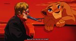 blue_eyes duo electronics eyewear female feral glasses keyboard_instrument male microphone musical_instrument on_piano parody piano sunset text ahriman_(artist) disney the_lion_king elton_john nala_(the_lion_king) felid human lion mammal pantherine english_text hi_res red_theme subtitled