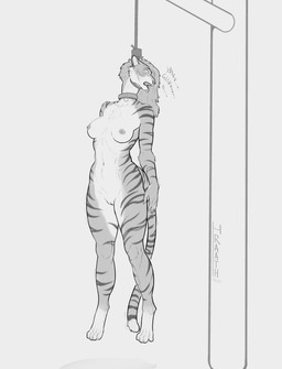 anthro areola asphyxiation barbell_piercing bodily_fluids breasts collar drooling dying execution female female_death fur genitals hair hanged imminent_death innie_vulva limp long_hair navel nipple_piercing nipples noose nude open_mouth piercing rope saliva simple_background snuff soft_abs solo striped_body striped_fur stripes tears text tongue tongue_out vulva white_background hraath felid mammal pantherine tiger 2026 artist_name dated greyscale hi_res monochrome