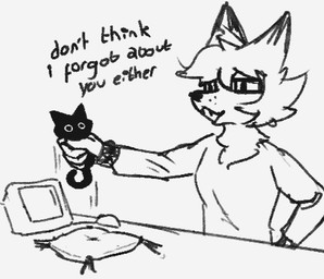 ambiguous_gender anthro bracelet cheek_tuft clothed clothing computer computer_mouse dialogue duo electronics eyewear facial_tuft female feral fluffy fur fur_tuft glasses hair jewelry open_mouth pillow screen shirt simple_background size_difference smaller_anthro talking_to_another text topwear tuft maroon_(artist) iroha_(maroon) canid canine domestic_cat felid feline felis fox mammal red_fox true_fox digital_drawing_(artwork) digital_media_(artwork) english_text low_res