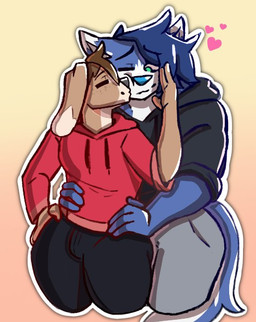 anthro bottomwear clothing couples duo freckles green_eyes hand_on_cheek hand_on_hip heart_symbol hoodie kissing_cheek looking_at_another looking_at_partner male male/male pants size_difference sweatpants topwear deadzgaia youwannaslap sky_(youwannaslap) voki_(youwannaslap) canid canine canis domestic_dog husky lagomorph leporid mammal nordic_sled_dog rabbit spitz