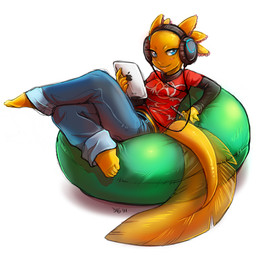 anthro bean_bag blue_eyes blush bottomwear clothed clothing denim denim_bottomwear denim_clothing electronics external_gills female gills headphones jeans looking_at_viewer pants solo tablet_computer tail yellow_body dagger_leonelli apple_inc. ipad naomi_(chloratolera) amphibian aquatic axolotl mole_salamander salamander 2011