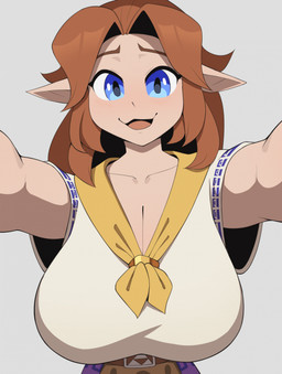big_breasts breasts brown_hair clothed clothed_female clothed_humanoid clothing eyebrows female female_humanoid front_view hair humanoid_pointy_ears light_body light_skin looking_at_viewer not_furry open_mouth pointy_ears pupils simple_background smile solo topwear cooliehigh nintendo the_legend_of_zelda cremia humanoid hylian 2025 digital_media_(artwork) hi_res portrait