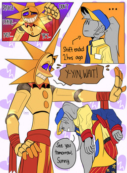 5_fingers blush breath crazed_look crooked_smile duo fingers grey_body hair machine metallic_body not_furry orange_body pattern_background ponytail purple_eyes simple_background y/n yandere laurs five_nights_at_freddy's five_nights_at_freddy's:_security_breach scottgames steel_wool_studios anon anonymous_character daycare_attendant_(fnaf) sun_(fnaf) human humanoid mammal robot 2025 comic digital_media_(artwork) flat_colors hi_res