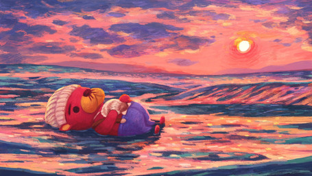 ambiguous_gender anthro belly bottomwear clothing detailed_background lying outside pants red_body slightly_chubby solo sun water omochi_freedom animal_crossing nintendo pascal_(animal_crossing) mammal mustelid otter sea_otter 16:9 2020 hi_res widescreen