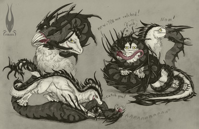 bite bite_neck black_body black_claws black_fur black_mane black_markings catching claws dialogue digitigrade dominant duo eyeless feral fur hug licking male male/male mane markings quadruped sharp_teeth spikes tail teeth teratophilia thick_tail tongue tongue_out white_body white_fur yellow_eyes firael mythology eri_rosso(character) koul_erdeshaz(character) dragon furred_dragon furred_scalie monster mythological_creature mythological_scalie scalie wingless_dragon worm hi_res