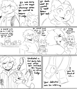anthro backpack book celebration clothing dialogue duo female feral happy hug looking_up male paper side_hug smile studying text whistle_(object) spicykiwi nintendo pokemon thomas_(spicykiwi) tulip_(spicykiwi) floragato generation_9_pokemon human mammal pokemon_(species) sprigatito absurd_res comic english_text hi_res monochrome story