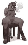 anthro bdsm blinders bound braided_tail breasts chair cigar cigar_in_mouth eyewear female furniture harness hooves legs_tied mane object_in_mouth on_chair petplay ponyplay pubes roleplay sitting sitting_on_chair slightly_chubby slightly_chubby_female smoking smoking_cigar solo tail teet seraphictiger equid equine horse mammal greyscale hi_res monochrome