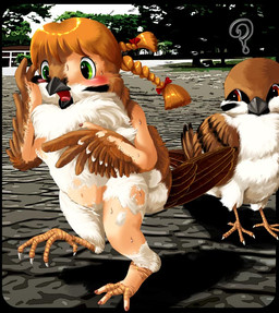 4_toes anisodactyl anthro avian_feet beak braided_hair claws duo feathered_wings feathers feet female feral hair outside park pigtails plant question_mark shrinking size_transformation surprised toes transformation tree wings edmol avian bird human mammal 2006