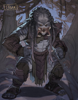 clothed clothing dreadlocks fangs male muscular muscular_humanoid muscular_male nature_background open_mouth orange_eyes solo teeth isei-silva predator_(franchise) alien humanoid yautja hi_res