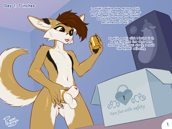 animal_genitalia anthro balls box chastity_cage chastity_device container countershading eggplant femboy feminization food fruit genitals inner_ear_fluff male nude plant sheath solo speech_bubble tail tuft phenyanyanya canid canine fox mammal 2025 hi_res