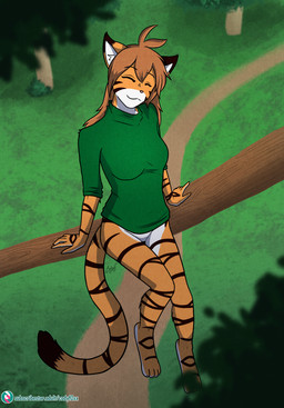 clothed clothing dipstick_ears dipstick_tail ear_markings eyes_closed female fur grass_field markings multicolored_ears orange_body orange_fur pathway sitting striped_body stripes tail tail_markings codyf0xx twokinds flora_(twokinds) felid mammal pantherine tiger absurd_res hi_res