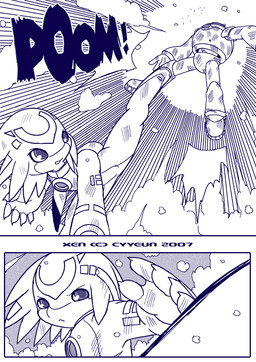 :< anthro attack border duo fight frown kick machine male male_anthro onomatopoeia sound_effects teeth text white_border cyyeun xen_(series) alien robot 2007 blue_and_white comic dated english_text monochrome