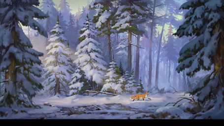 ambiguous_gender day detailed_background feral forest leg_markings markings outside plant river snow snow_on_trees socks_(marking) solo tail tree tree_stump water poulsta canid canine european_red_fox fox mammal 2023 digital_media_(artwork) hi_res