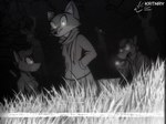 anthro biped black_nose breasts camera cheek_tuft clothed clothing countershade_face countershading eye_contact facial_tuft female field fully_clothed grass group hand_in_pocket head_tuft holding_camera holding_object looking_at_another looking_at_viewer male night night_vision outside plant pockets pointy_ears prick_ears scared scary sky standing star starry_sky tall_grass tree trio_focus tuft vhs_artifacts vhs_filter video_camera katnay the_whisperers ignacio_(katnay) nicole_(katnay) veronica_(katnay) asinus canid canine cervine deer donkey elk equid equine fox ghost horse lagomorph leporid mammal rabbit spirit 2022 4:3 detailed digital_media_(artwork) monochrome signature