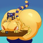 anthro big_breasts big_butt blue_background breasts butt extreme_size_difference female fur gradient_background huge_breasts huge_butt huge_thighs hyper hyper_butt hyper_thighs markings simple_background size_difference solo striped_markings striped_tail stripes tail tail_markings thick_thighs yellow_body yellow_fur user3345 animal_crossing mattel nintendo thomas_and_friends ankha_(animal_crossing) ankha_reinhart_(user3345) thomas_the_tank_engine felid mammal 1:1 hi_res